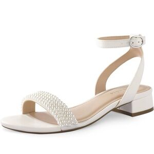 Low Heeled Pearl Embellished White Sandals 10